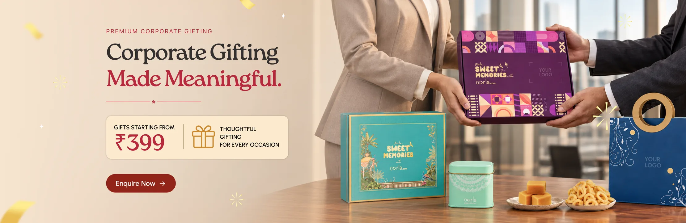 Two colleagues exchanging an Oorla gift box across a desk, beside a teal keepsake box, a printed tin and a branded carrier