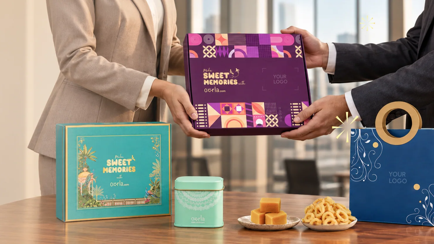 Two colleagues exchanging an Oorla gift box across a desk, beside a teal keepsake box, a printed tin and a branded carrier
