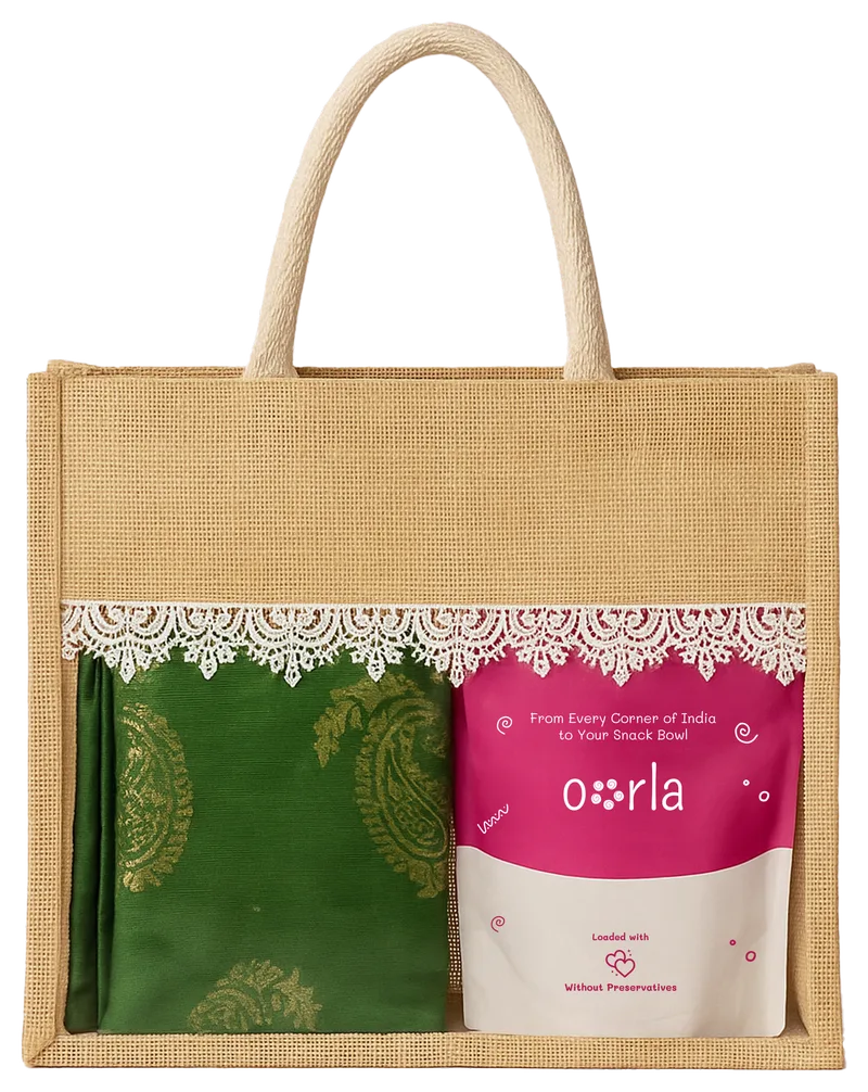 Jute Bags from Oorla's packaging range — laminated, with a lace panel