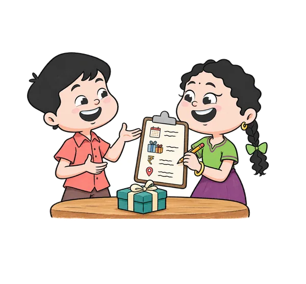 Oorla's mascots — the boy in the red shirt and the braided girl in green — going through a gifting brief on a clipboard, a wrapped box on the table in front of them