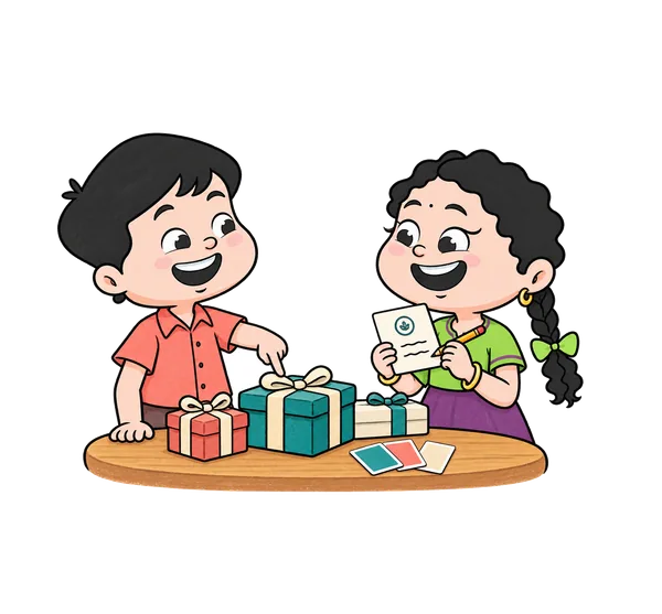 The two mascots choosing between wrapped gift boxes on a table, one of them holding up a printed card