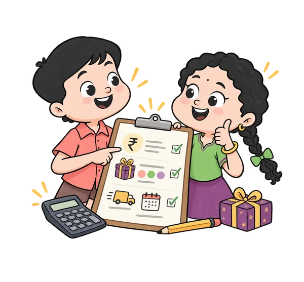 The two mascots checking off a quote on a clipboard — price, gift, delivery and date each ticked — beside a calculator