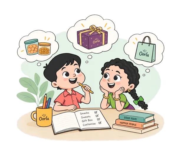 The two mascots working through a checklist of snacks, sweets, gift box and customisation, an Oorla box and carry bag pictured in thought bubbles above them