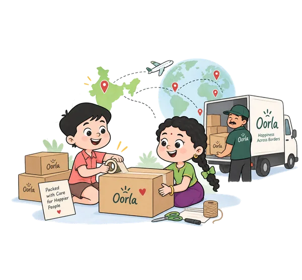 The two mascots taping up Oorla shipping boxes beside a loaded Oorla van, with a globe and a map of India behind them