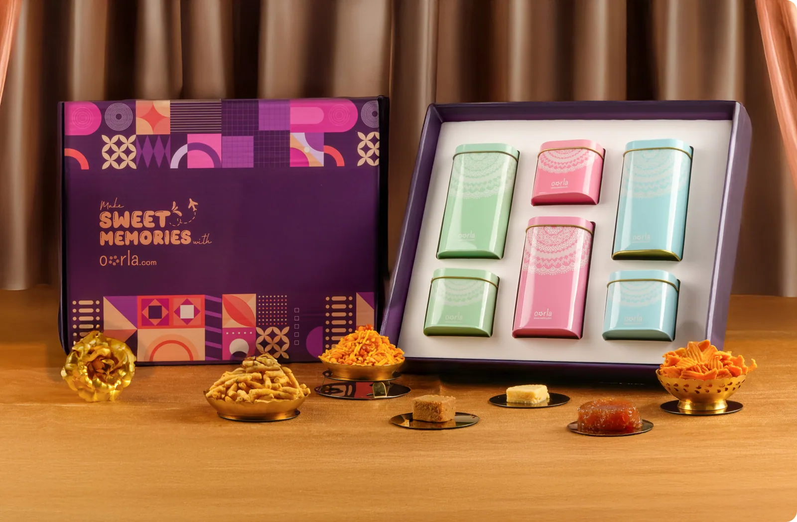 Festive Flavours: 6 tins, Block-print artwork, South Indian assortment.