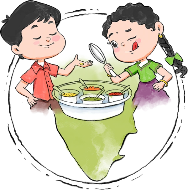 Two illustrated children tasting sweets from a thali set on a map of India