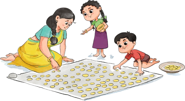 Oorla's illustrated family shaping laddus together on a floor mat