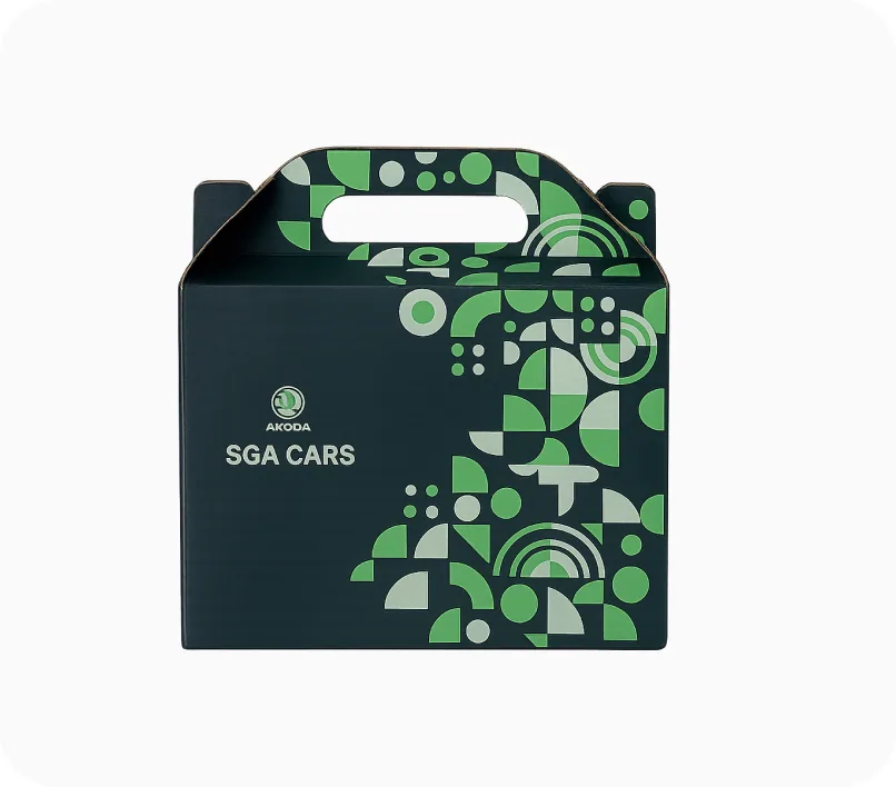 A dark green gable gift box printed with geometric shapes for SGA Cars