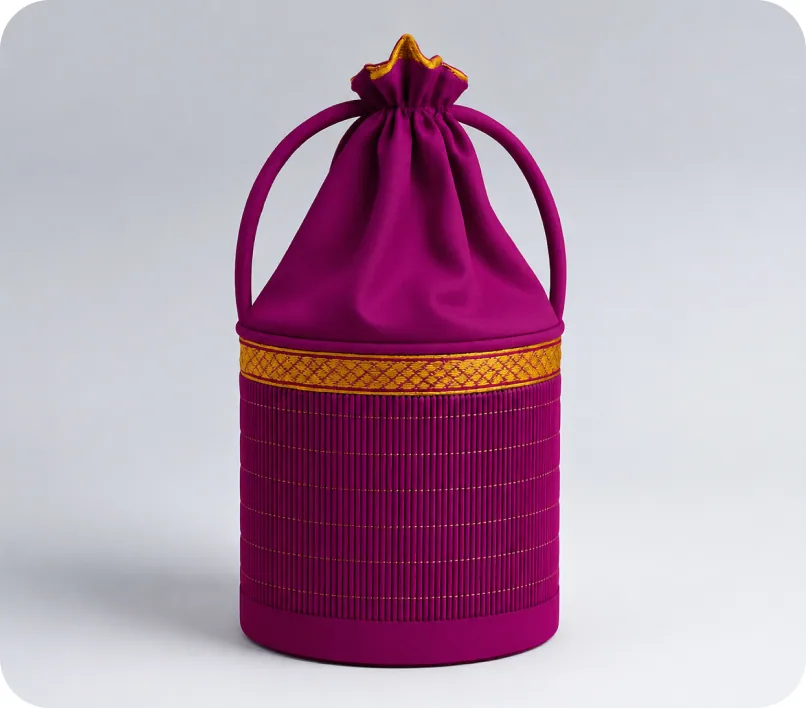 A magenta drawstring potli basket with a gold zari band and round carry handles